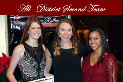 Members of the all-district second team, freshman Shanel Bramschreiber and junior Madeline Johnson pose or a photo with their coach at the volleyball banquet. Photo from Plano Senior Volleyball. 