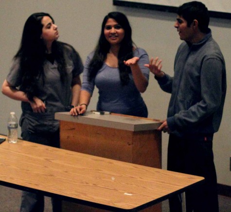 Asad Mustafa, Shanze Noorchi, Zheen Nerway, and Kinza Sohail present their Hosa presentation to mock judges. "It is necessary for us to do the showcase so that we can get feedback and have opinions from our peers," Sohail said. Photo by Stephanee Smith. 