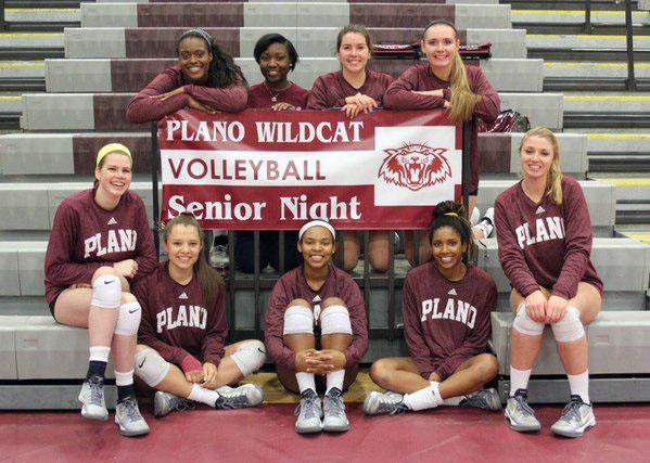 Wildcat seniors pose around the Senior Night banner. First Row: Shalom Ifeanyichukwu, KK Magee (manager), Maggie Cross, Megan Duncan. Second Row: Madeline Johnson, Maggie Sagers, Madelyn Cole, Gabby Howard, Emma Tecklenburg. (Photo by Plano Volleyball)