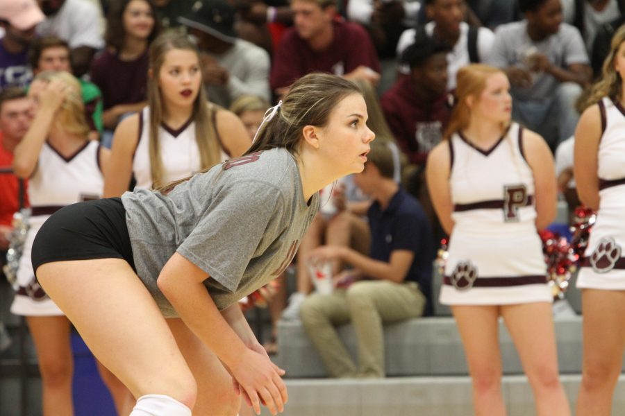 Senior Ryann Tooker awaits the beginning of a play during the game against Plano East. (Photo by Yolanna Jotanovic)