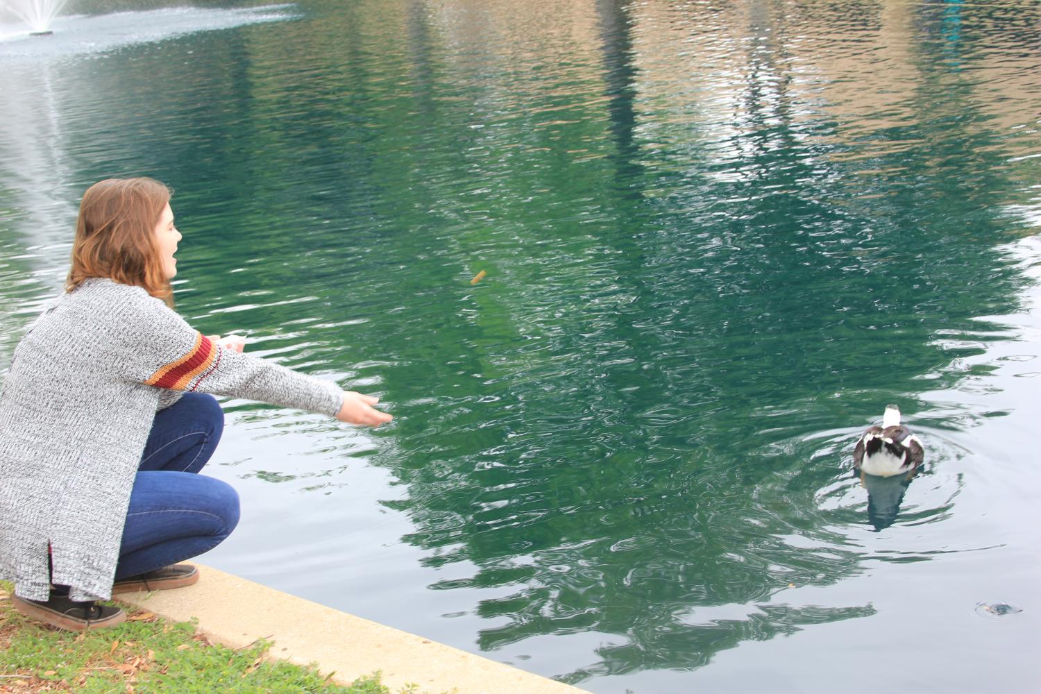 Junior Elizabeth Bell (top left)enjoys some free time by the pond feeding a duck.