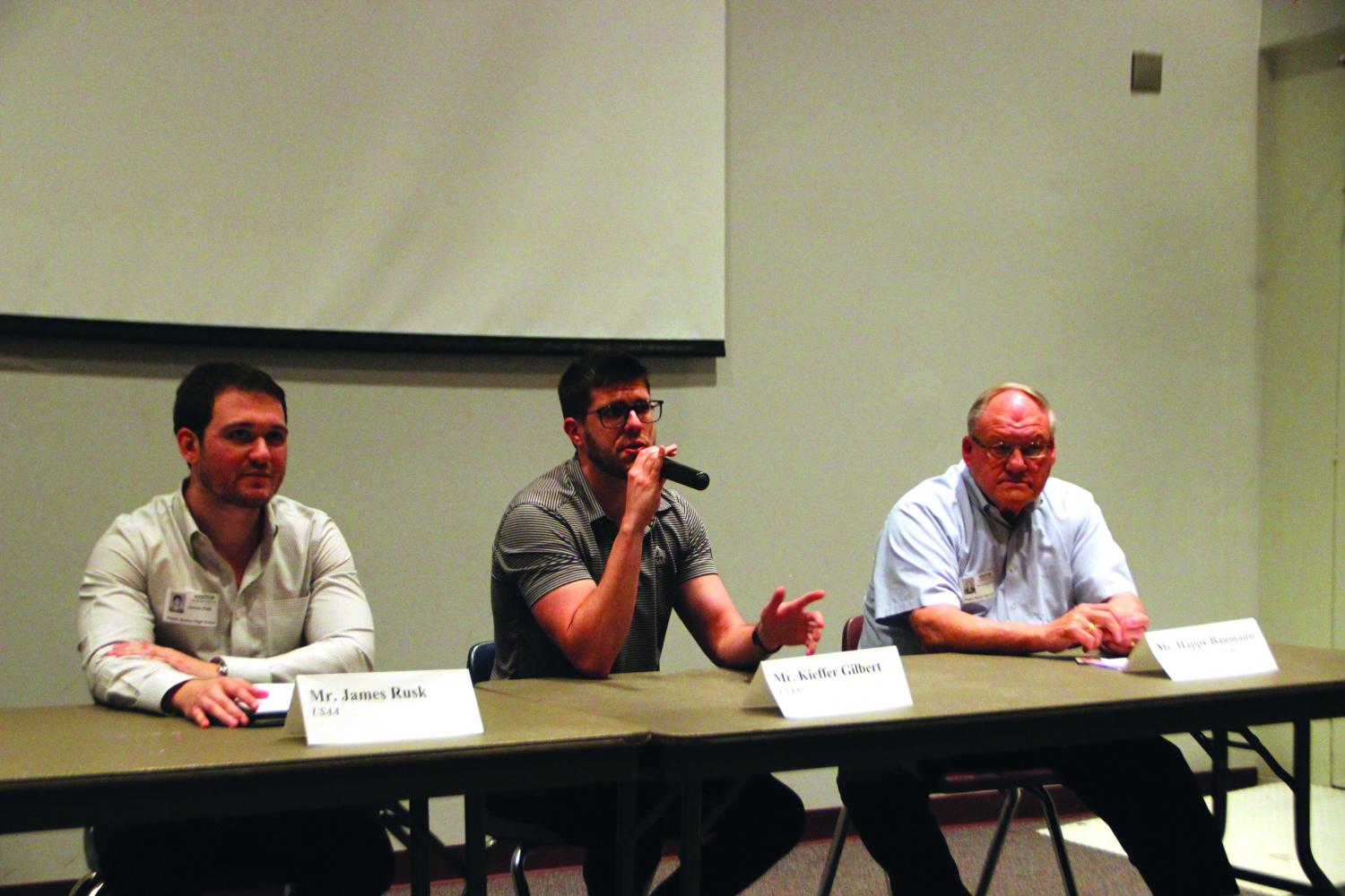 (Left to right) James Rusk, Kieffer Gilbert and Happy Baumann offered job interview advice in the lecture hall. (Photo by Jared A’Latorre) 