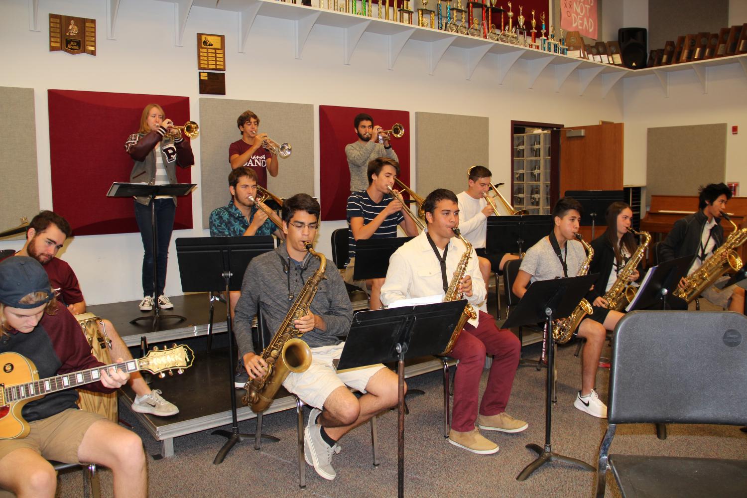 Senior Patrick Tierney, junior Grace Kopca, senior Keltan Forrest, junior Christian Wilson, senior Yoni Zetune, senior Collin Burns, junior Logan Allen, senior Esteban Rodriguez, senior Aiden Johnson, senior Salim Villanueva, junior Kaitlyn Hamilton and senior Jason Duong practice for Jazz All region