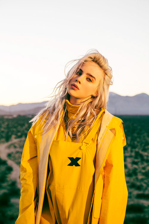 Billie Eilish poses while showing off her yellow inspired outfit.