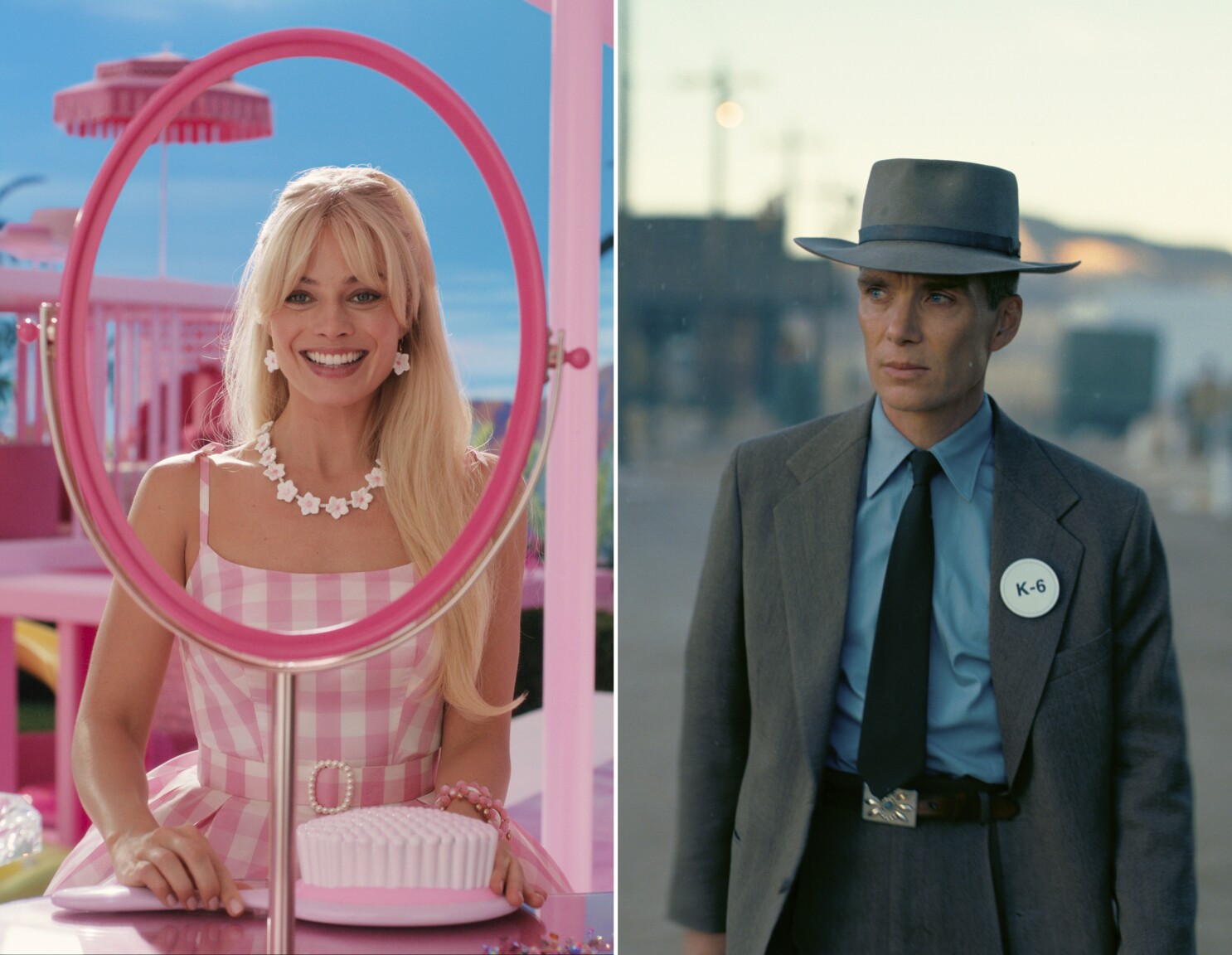 This combination of images shows Margot Robbie in a scene from Barbie, left, and Cillian Murphy in a scene from Oppenheimer. (Warner Bros Pictures/Universal Pictures via AP)