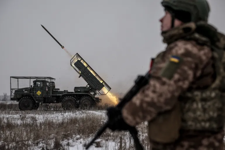 Servicemen of the 24th Separate Mechanized Brigade of the Ukrainian Armed Forces fire a BM-21 grad multiple rocket launch system towards Russian troops, near the front line town of Chasiv Yar in the Donetsk region, Ukraine, on January 15, 2026 [Handout/Oleg Petrasiuk/Press Service of the Ukrainian Armed Forces via Reuters]